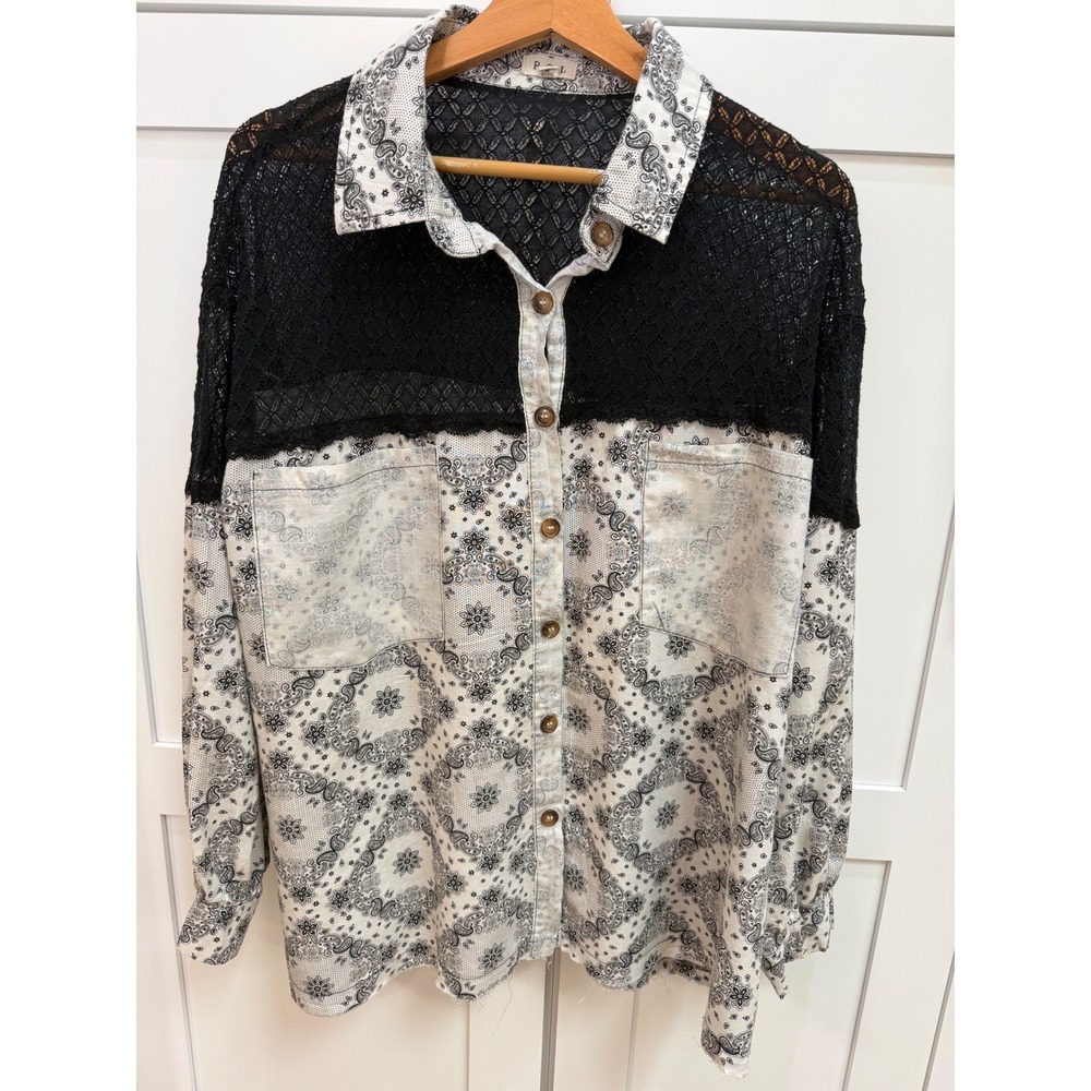 POL Womens Paisley Lace Mixed Media Button Down Shirt Black White SMT2050 Medium